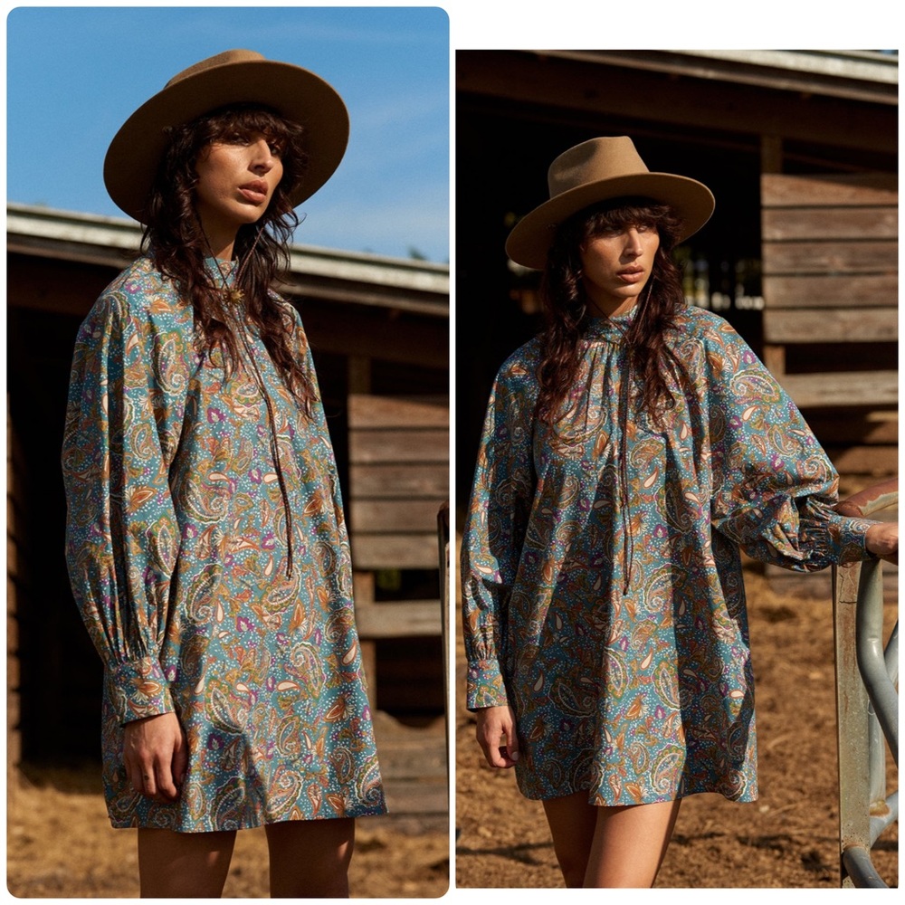 NEW Carolina K Irina Mini Dress XS 100% Organic Poplin Long Sleeve Boxy Boho